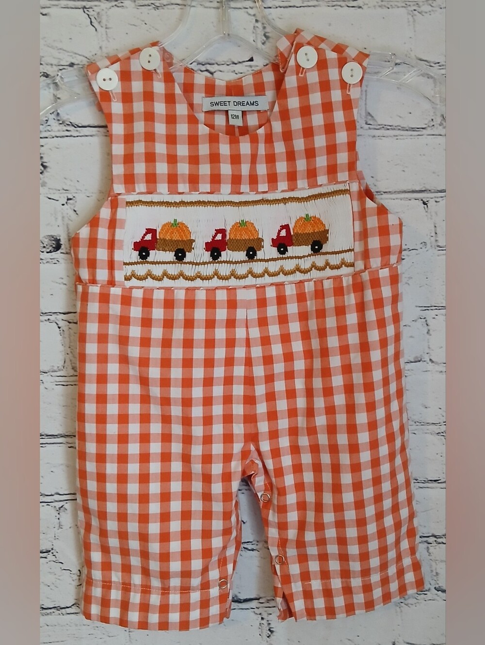 Gingham Orange Pumpkin Fall Jonjon Romper Shortall 12 Mos